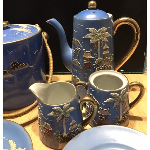 1920s Morimura Japan Moriage Tea Set Coffee Island Palm Trees Pagoda Gaudy Blue - Picture 2 of 16